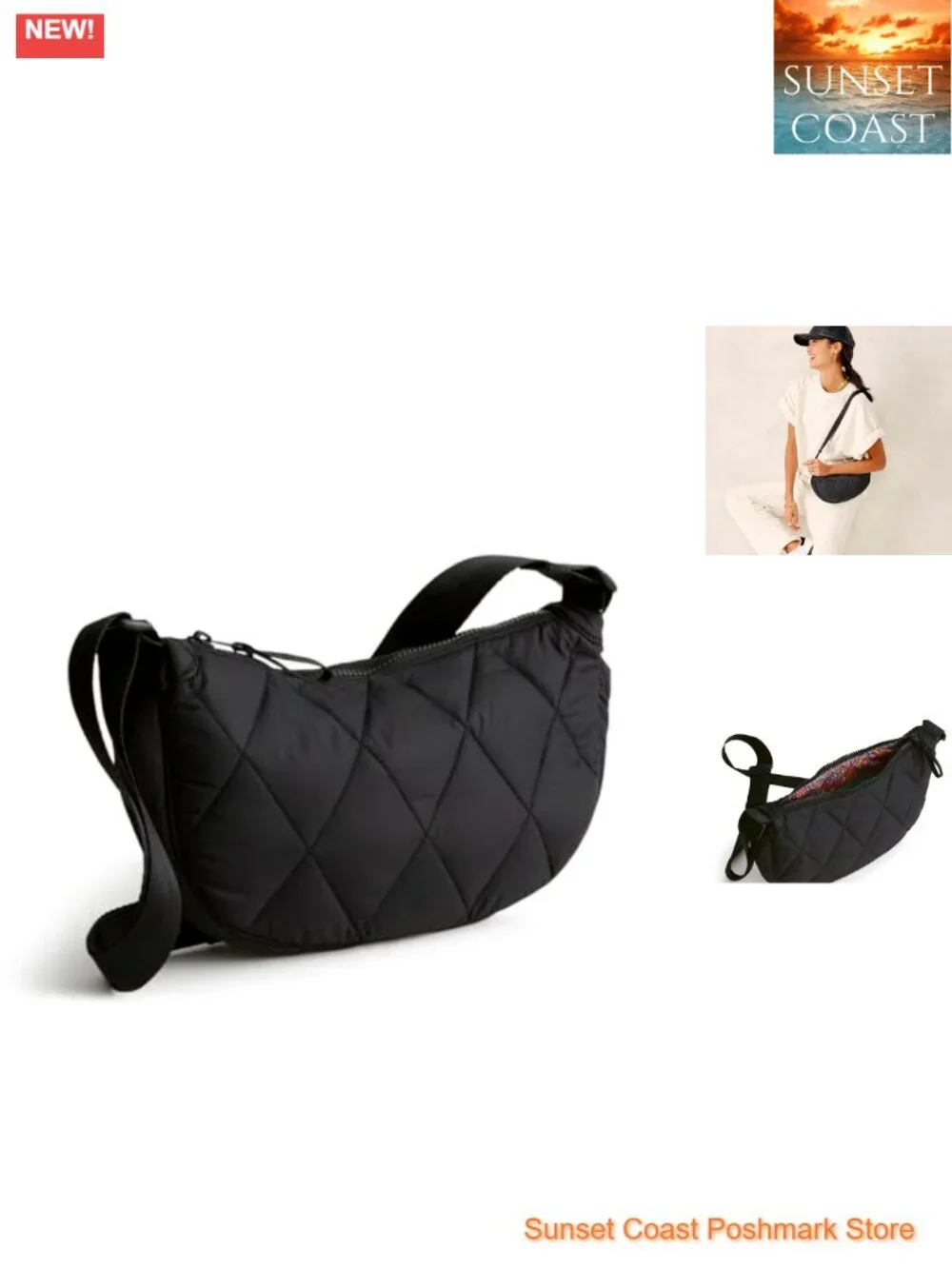 Water Resistant Recycled Nylon Quilted Sling Crossbody with Adjustable Strap
